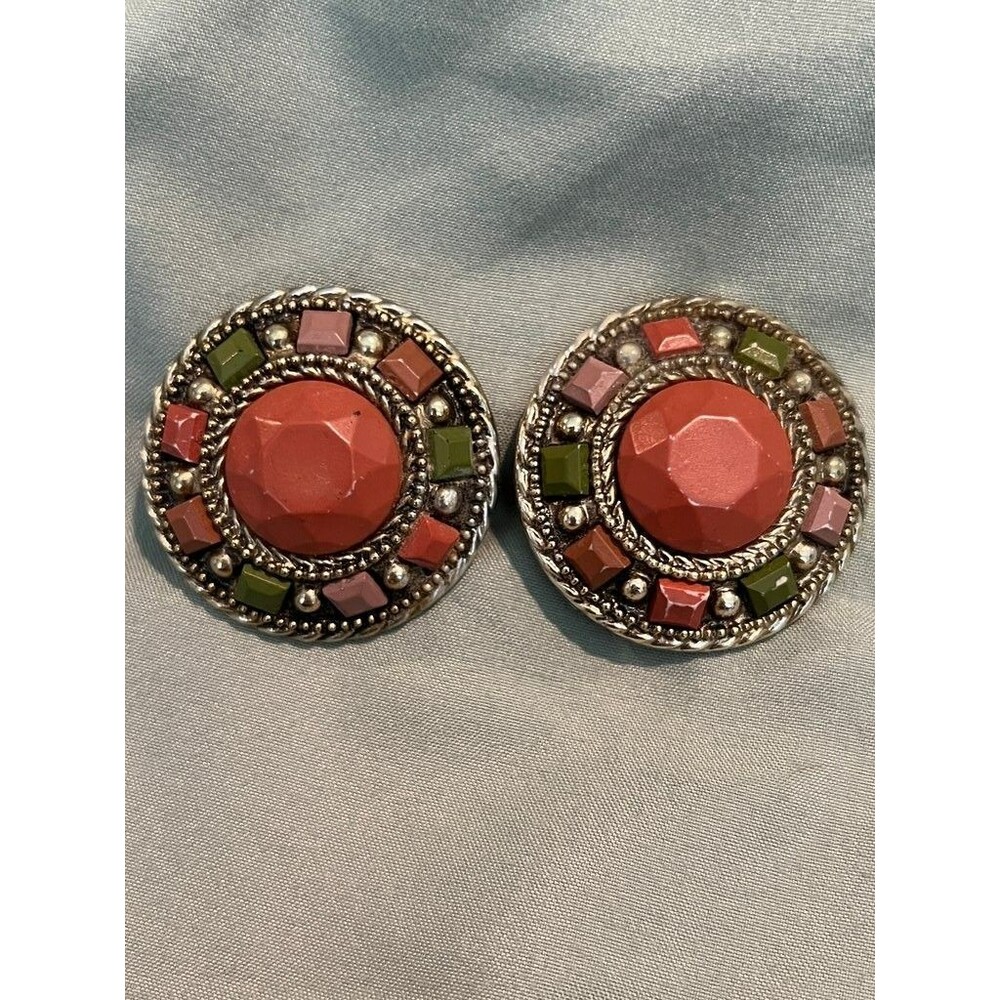 Vintage Boho Statement Clip-On Earrings with Multicolor Stones